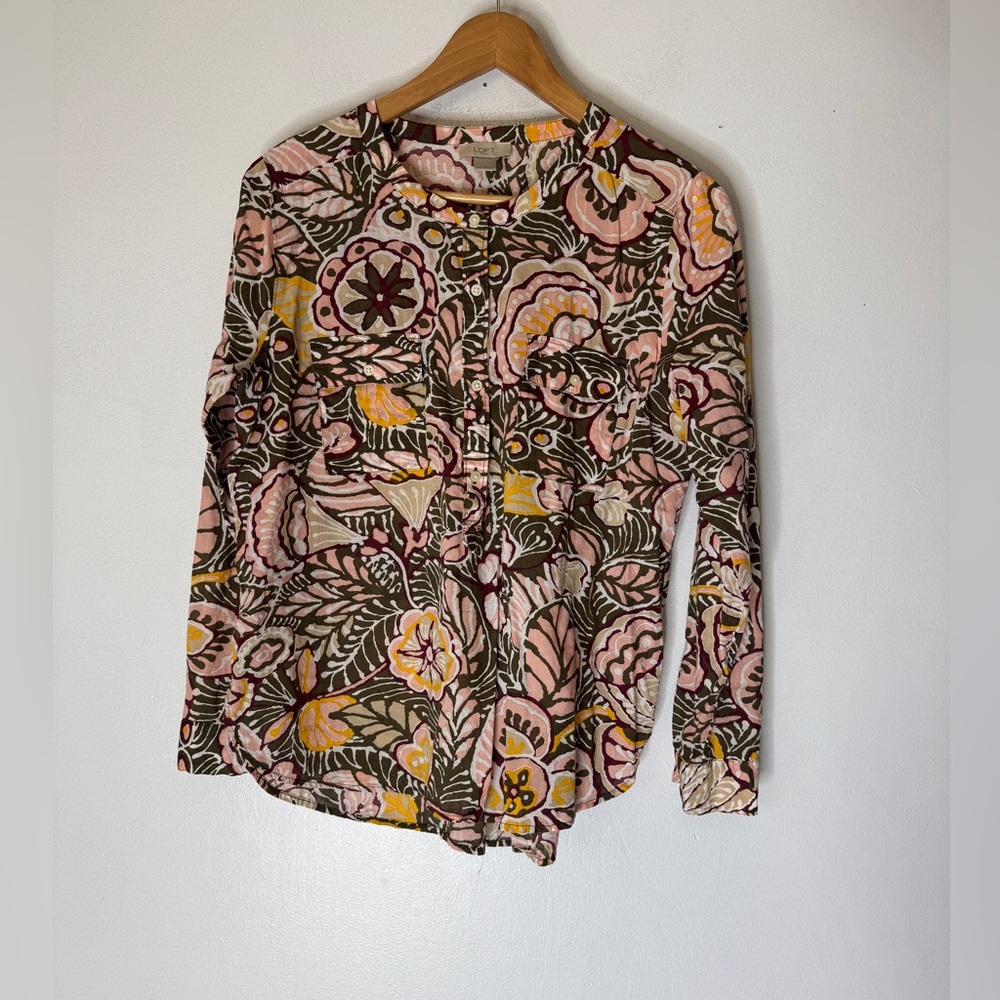 LOFT Outlet Womens Top Sz L Pink Original Floral Tropical Long Sleeve Blouse